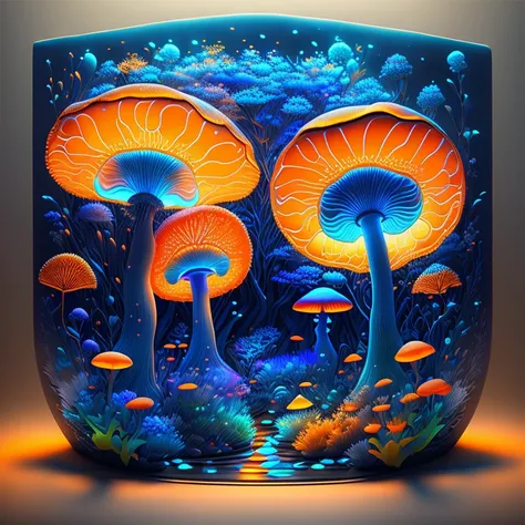 Bioluminescent Mushroom/Glowing mushrooms/luminous mushroom l, monet, blue, orange, grey,(best quality,4k,8k,highres,masterpiece:1.2),ultra-detailed,(realistic,photorealistic,photo-realistic:1.37),HDR,UHD,studio lighting,ultra-fine painting,sharp focus,phy...