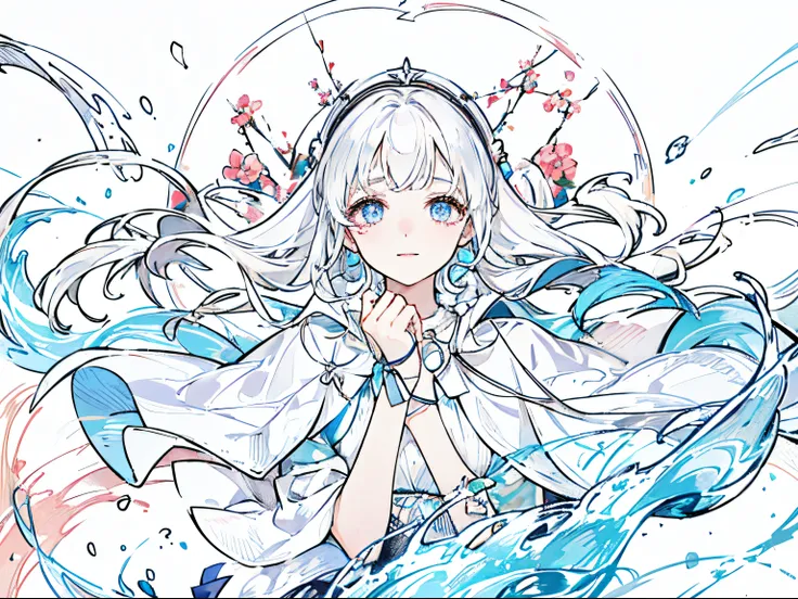 girl、There was light rain、white color hair、Than heart、Bandages wrapped around hands、A bandage around his neck、Have red and blue eyes、Smile and cry、Squinted eyes、parting moment