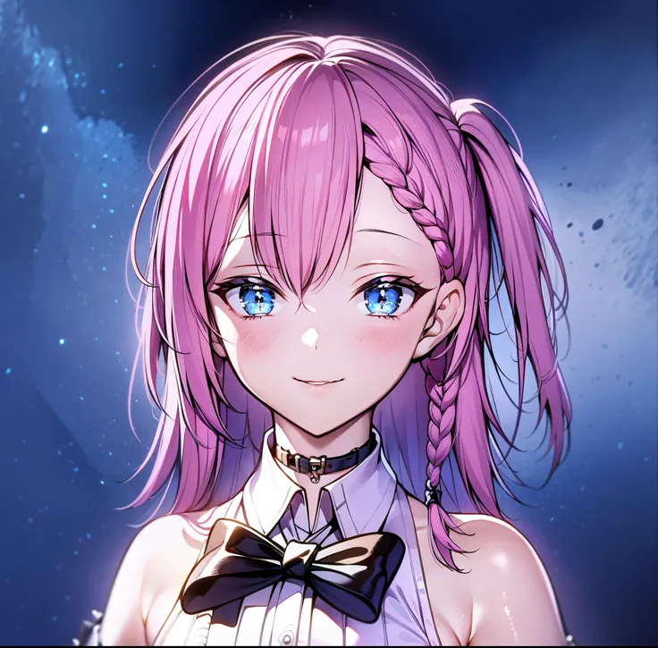 (masterpiece:1.2), (pale skin:1.2), (solo:1.2), (female:1.1), (emphasis lines:1.3), (pink hair), parted lips, short hair, blue eyes, smile, bare shoulders, (realistic), closed mouth, bow, collar, braids