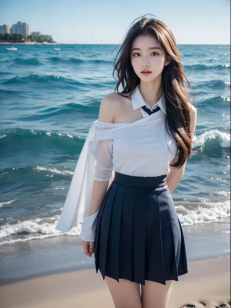 Best quality at best，face to the viewer，girl，Long hair draped over the shoulders，curlies，exquisite facial features，Perfect body structure，JK school uniform，pleatedskirt，The stands up，standing on the sea side，sandbeach，Bust photo