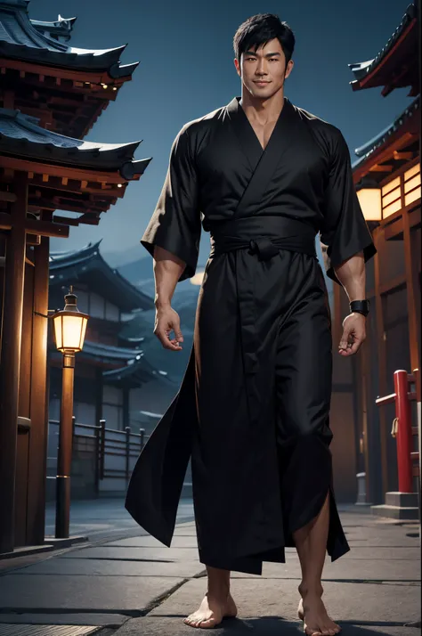 8K,Japan people in kimono,big muscular muscular body,Super handsome Japan,Mature man with short black hair, Red eyes,Best Quality, handsome yukata, Gray and black Japanese bathrobe, Flame black dog pattern on costume(Super precise black dog work)wear men&#...