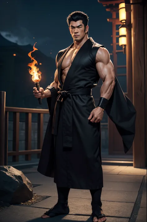 8K,Japan people in kimono,big muscular muscular body,Super handsome Japan,Mature man with short black hair, Red eyes,Best Quality, handsome yukata, Gray and black Japanese bathrobe, Flame black dog pattern on costume(Super precise black dog work)wear men&#...