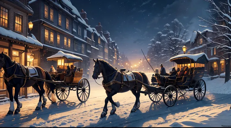 a close up of a horse drawn carriage on a snowy street, 🕹️ 😎 🔫 🤖 🚬, foreground background, wide screenshot, and, full details, youtube thumbnail, by Rhea Carmi, vivid and detailed, ( ( thomas kinkade ) ), wonderful, detailed scene, goodnight, edited, by Th...