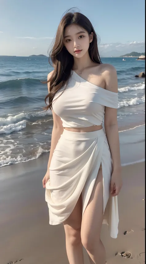 Best quality，face to the viewer，girl，Long hair draped over the shoulders，curlies，exquisite facial features，Perfect body structure，JK school uniform，pleatedskirt，Stood up，standing on the sea side，sandbeach，Bust photo