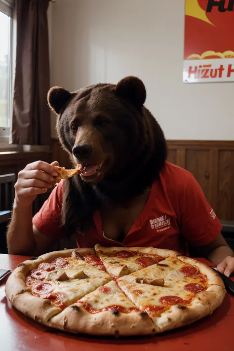 BEAR EATING PIZZA AT PIZZA HUT