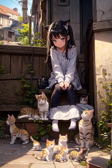 Best Quality, High resolution, distinct image, (many (Detailed) Little Cats) And one girl:1.3), Focus on the cat, Little (Detailed) Cat around a girl,background is back alley, detasiled sunlight, Sitting, Girl watching viewer, Front view, (Cats looking for...