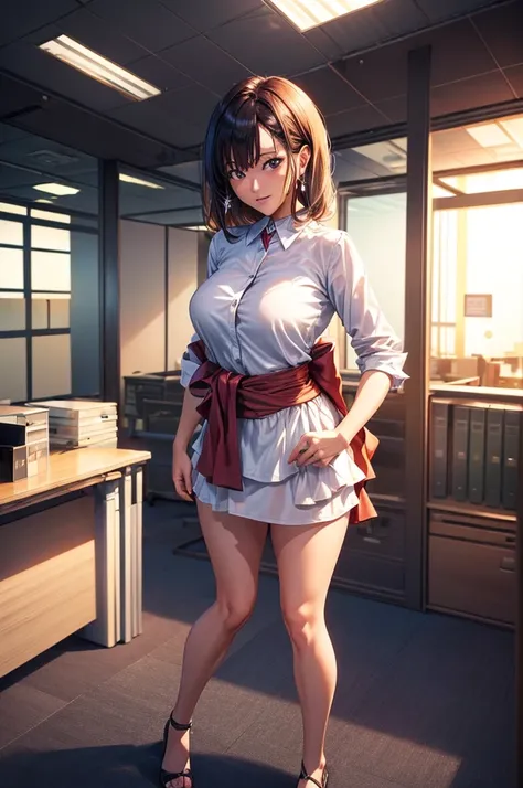 masutepiece, excellent, (Office: 1.8), Ultra-high-definition CG rendering, Standing, 1 Royal Sister, Woman with short tanned hair, layered dress, Hands folded at the waist, Facing the audience, Illustration, Wide-angle panorama