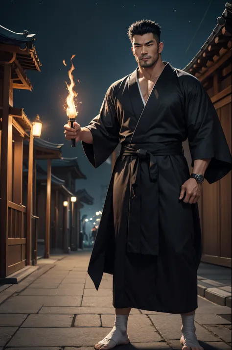 8K,Asian man wearing a kimono,big muscular muscular body,Black dog ears,super handsome asian,Mature man with short black hair, Red eyes,Best Quality, handsome yukata, Gray and black Japanese bathrobe, black dog pattern on costume(Super precise black dog wo...