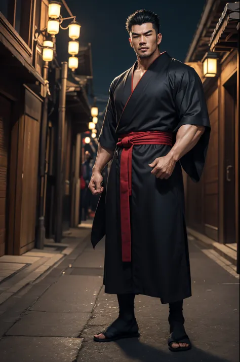 8K,Asian man wearing a kimono,big muscular muscular body,Black dog ears,super handsome asian,Mature man with short black hair, Red eyes,Best Quality, handsome yukata, Gray and black Japanese bathrobe, black dog pattern on costume(Super precise black dog wo...