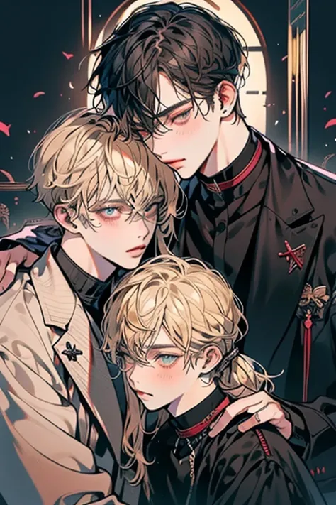 (((Two men、2 adult males、Twins, a blonde man and a black-haired man))),Sitting on a chair、red blush、Troubled face、Academy of Magic Uniform、Gradient Hair、、Elegant coat、Clothes with fur、Conspiracy look、Provocative facial expressions、Ridicule、Laugh、Men with b...