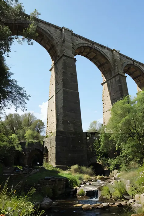 arafed bridge with a small stream running under it, aqueduct and arches, aqueducts, tall arches, city bay bridge aqueduct, a large, pointed arches, bridge, by Robert Brackman, rock arches, a huge, you wont believe it, arches, big arches in the back, ruins ...