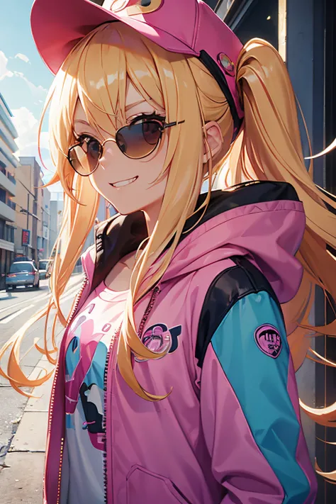 1girl, blonde hair, pink jacket, hair ornament, sunglasses, bright color hat, can spray, graffiti, flowing hair, pink color wide eyes, hair behind ear, grin, v-shaped eyebrows, anime, anime style, cinematic lighting, backlighting, first-person view, wide s...