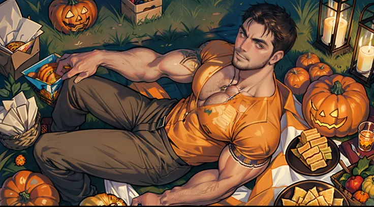 30 years old, big eyes, male, stubble, short hair, huge muscles, exaggerated muscles, mature man, muscle swelling, bodybuilding, pectoral muscles, abs, in the courtyard of European sculpture, jack-o-lantern, orange striped shirt, open shirt, pumpkin badge,...