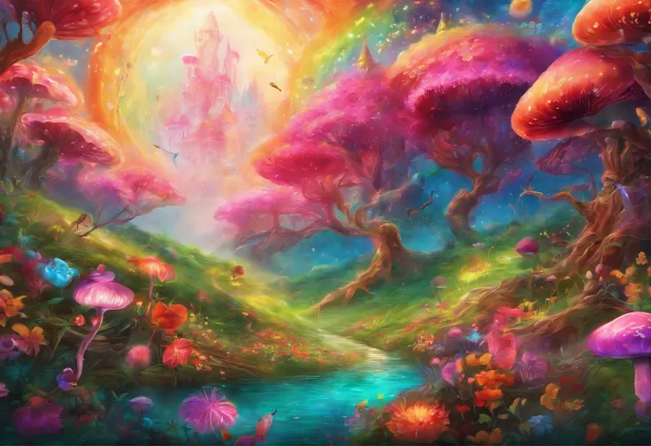 （（（Giant rainbow mushroom emitting auroras，covered with vines，leafs，fresh flowers））），Intense contour light，Luminous inside，Colorful，（（Best quality at best））， （（tmasterpiece）），dance，Enhanced dynamic viewing angle，Sparkling creek，（weeds），flowers blooming，glo...