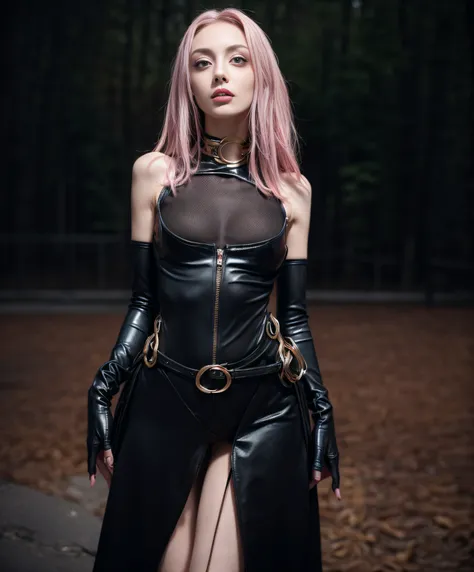 Photograph of an anorexic emaciated extremely skinny muscular female dancer wearing intricate revealing laced goth skin tight latex dance dress, looking at viewer, eyes to the camera,enjoying, longing, obsessed, choker, braided pink hair, full body photogr...