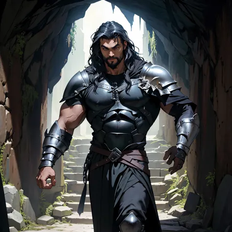 ​masterpiece,Best Quality, detailed, 4k, Cinematics, human body close-up, Background with:Stairs inside a dark cave inside a medieval castle, A knight wearing black bat-shaped armor(Jason Momoa), black cloak,No bat snap