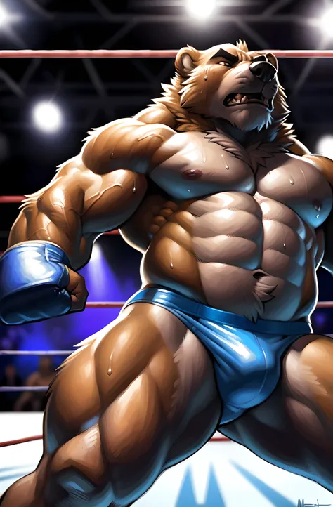 (ultra quality):1.4, 4k resolution, color, smooth comics style:1.2, (by takemoto arashi, by meesh, by taran fiddler), solo, bear, wrestling scene, very muscular, athletic build, correct anatomy, wrestling, sweat:1.5, sweat dripping, strong, masculine, wres...