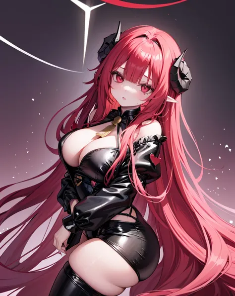 Hindenburg, demonic horns, ahoge,  Very long hair, 
,Latex onesies,Black Jumpsuit,Lower bust,Shiny,skin tight,  , 
1 busty girl,  Alone, Bedrooms, looking at viewert, Large breasts, The face is red, Open your lips, heart - shaped pupils, Hot body,,lie, sta...