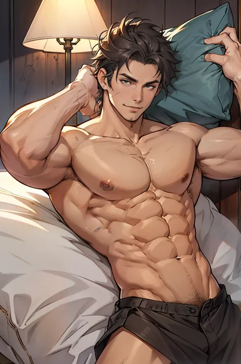 A mais alta qualidade de imagem，Pessoas do sexo masculino，Child，1 menino，jovem e bonito，Shoun，cabelos Castanho，Cabelo liso curto，Pele escura，Anime peito grande，anime wallpaper，sozinho，Foco Masculino，just in underwear ，male masturbation, Dilation of the pec...