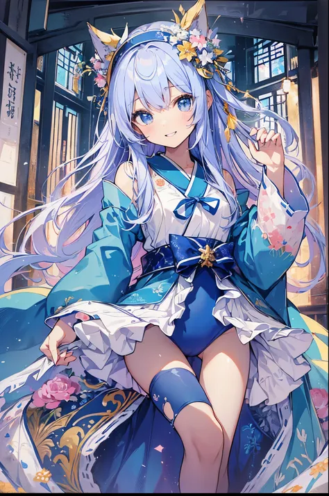 ((2D beautiful girl、top-quality、perfect finger 14、Perfect Anatomy 1.4、extremely delicate and beautiful illustration))、cute petit girl、(transform sequence)、Blur the background、((white shrine maiden leotard、blue decoration))、14years、a junior high school stud...