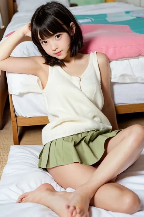 An ultra-high picture quality、Perfect Photo、13-year-old beautiful girl、Japan beautiful girl、middle school girl、light skinned、slender、cute little、（tiny chest）、Lying on his back on the bed、Pleated mini-skirt、Raised mini skirt、（big eye）、With bangs、ankle、（angr...