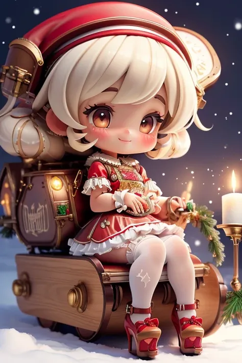 masterpiece, best quality, a girl smiling slouching on steampunk sleigh, christmas (crop shirt), christmas skirt, white tights, (((red lolita pumps))), holding a steampunk candle, magical garden at night, magic sparkles floating,chibi