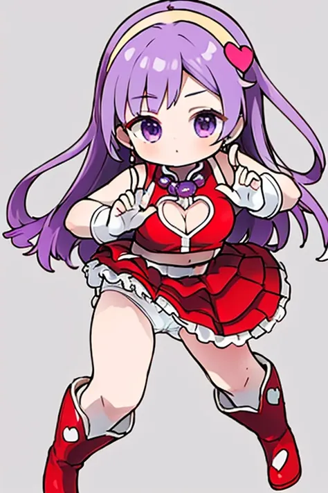 (masterpiece), (best quality), (ultra-detailed), intricate detail, athena97, 1girl, solo, purple eyes, purple hair, long hair, white earrings, yellow hairband, red heart ornament, medium breats, red vest, white turtleneck, white puffy sleeves, red pleated ...