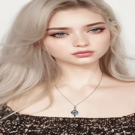 um close up de uma mulher com longos cabelos loiros usando um colar, menina perfeita de cabelos brancos, extremely pale blond hair, pale hair, beautiful pale makeup, pale skin curly blond hair, extremely pale white skin, ava max, very very pale blond hair,...