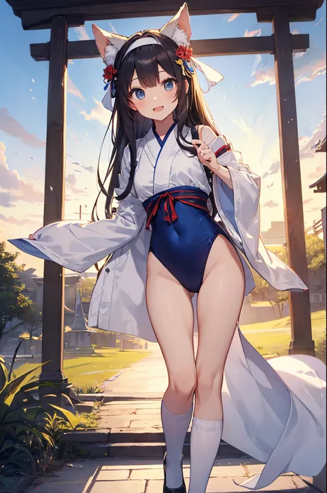 ((2D beautiful girl、top-quality、perfect finger 14、Perfect Anatomy 1.4、extremely delicate and beautiful illustration))、cute petit girl、(transform sequence)、Blur the background、((white shrine maiden leotard、blue decoration))、14years、a junior high school stud...