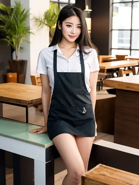 8k, top-quality, （pubic hair beauty）、hight resolution, 逼真, realperson, beautiful girl working at a starbucks workbench，short gre...