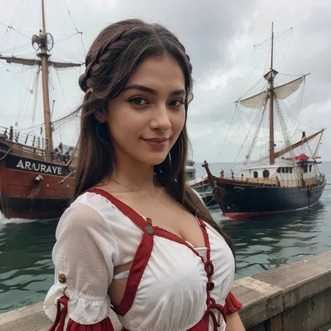 Linda mulher vestida de pirata. (cabelo ruivo)(cores da roupa vermelho e preto)(fundo barco a noite com chuva)rosto sorrindo.