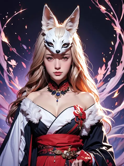 1girl in,Solo,, Official art, Unity 8k壁纸, ultra-detailliert, Beautiful and aesthetic, Beautiful, masutepiece, Best Quality,, Foxwich, Fox Mask, Haori jacket, Foxfire spells, Fox familiar, transformational,