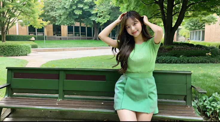 Cute female college student, 18 years old, wearing a green miniskirt