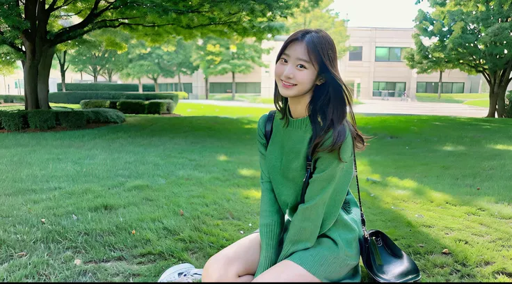 Cute female college student, 18 years old, wearing a green miniskirt