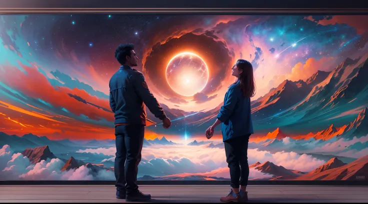 Imagine a spiritual representation where the mother, father and son are united, Holding hands, immersed in a spiritual existence with luminous tones predominant in red and blue. Esta cena linda e emocionante deve ser visualmente deslumbrante, with stunning...