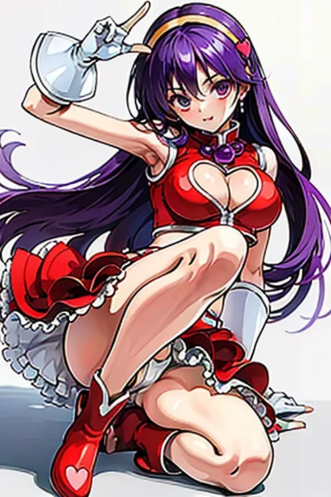 (masterpiece), (best quality), (ultra-detailed), intricate detail, athena97, 1girl, solo, purple eyes, purple hair, long hair, white earrings, yellow hairband, red heart ornament, medium breats, red vest, white turtleneck, white puffy sleeves, red pleated ...