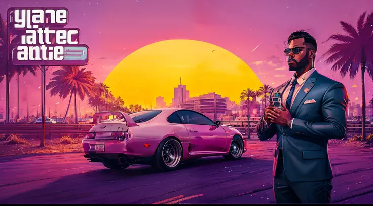 um close up de um homem de terno ao lado de um carro, gta vice arte estilo cidade, Miami Synthwave, gta vice cidade estilo de arte, 2 d arte do jogo gta capa, 2d arte do jogo gta capa, gta vice estilo da cidade, oitenta miami vice, art deco outrun anime ae...