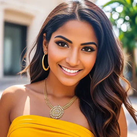 Generate an engaging profile picture for an Instagram influencer account. Showcase a 25-year-old woman with a radiant smile and direct eye contact. Emphasize a blend of Latina and Indian features in her facial expression. Dress her in a stylish swimsuit th...