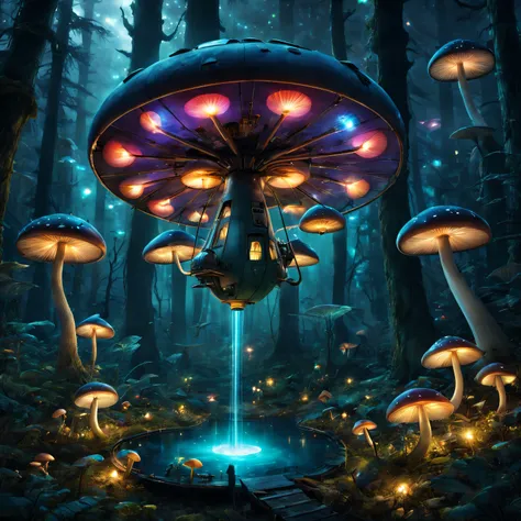 high qulity,ultra - detailed,actual,realisticlying:1.37,Glowing Mushroom Helicopter,fanciful,nighttime scene,ln the forest, enchanting atmosphere,Colorful lights, magical spectacle, sparkling mushroom, Ethereal presence, vivd colour, A surreal experience, ...