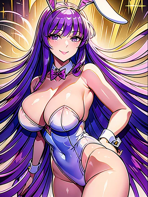 Saori Kido, Athena, long purple hair, bunnysuit, bunny ears, white bunny suit, golden details, smiling, masterpiece