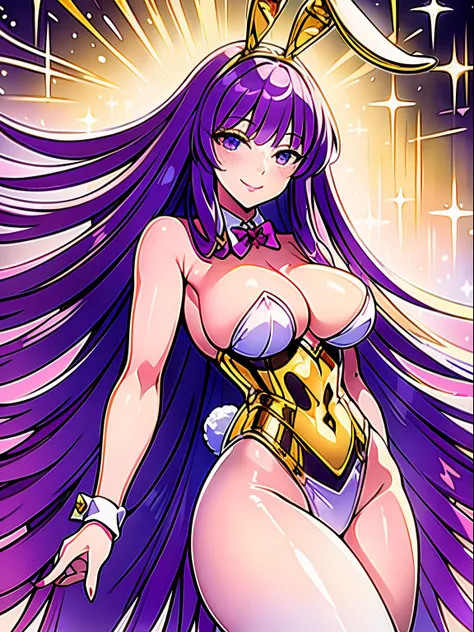 Saori Kido, Athena, long purple hair, bunnysuit, bunny ears, white bunny suit, golden details, smiling, masterpiece