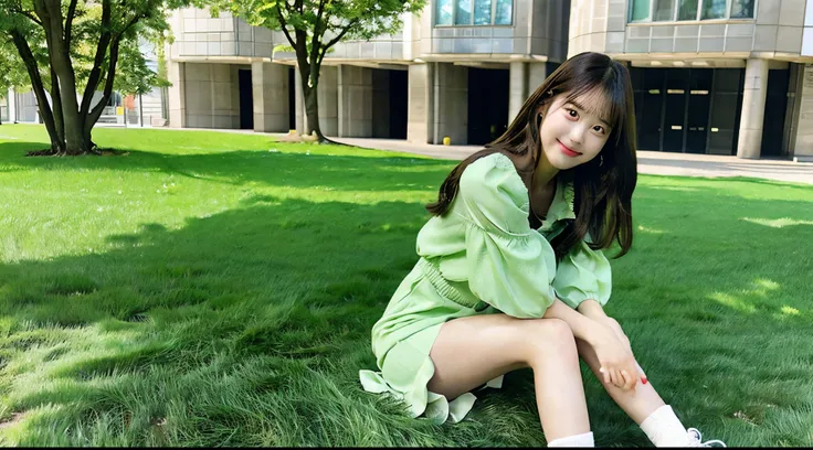 Cute female college student, 18 years old, wearing a green miniskirt dress