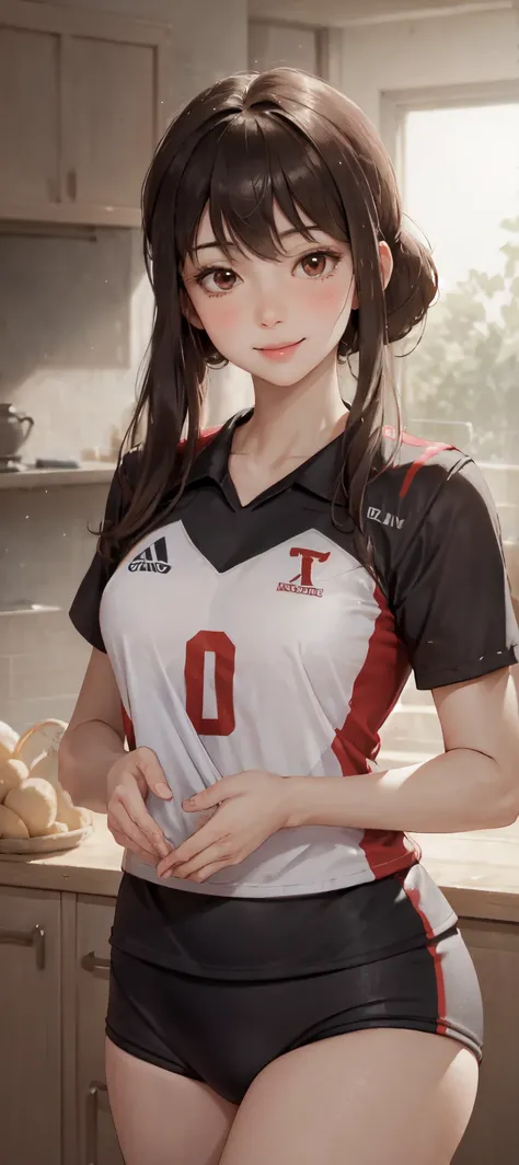 1lady solo, /(volleyball uniform/), /(dark brown hair/) bangs, blush light smile, (masterpiece best quality:1.2) delicate illustration ultra-detailed, BREAK /(volleyball court indoors/)