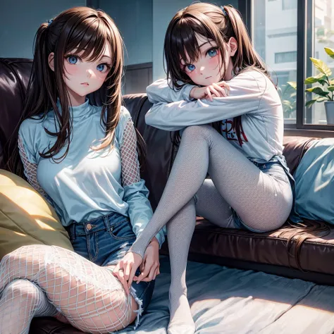 Two-dimensional anime，sitting in the couch，Wearing denim leggings on long legs with white fishnets，Close-fitting white clothes，brown  hair，with fair skin，There is the shyness of adolescence，Medium chest，8K Ultra Clear