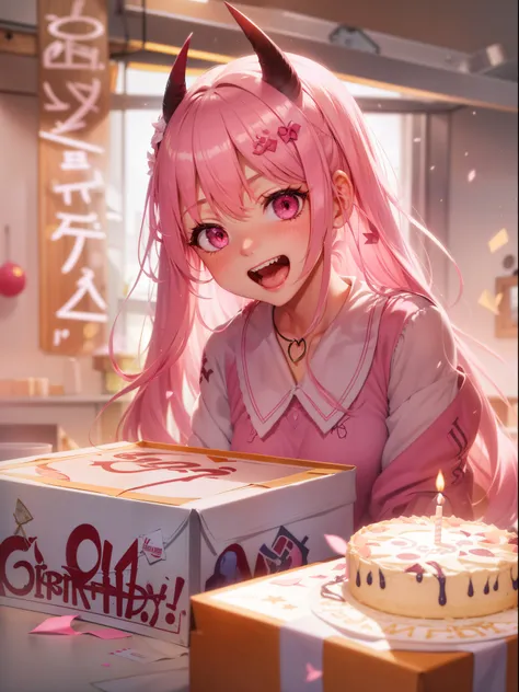 Describe the scene of a 20-year-old girl named rin opening a box  on her birthday. her face is shining with excitement and anticipation as she opens the box. In the background, and there is a cake on the table with the words Happy Birthday written on it. T...