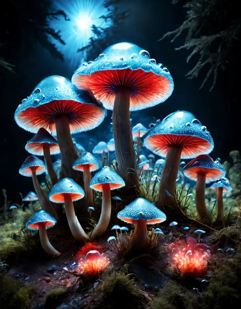 harold edgerton style, stunningnaturalviews, chis，blue and red glowing mushrooms, luminous cells in mushroom gills produce fluor...