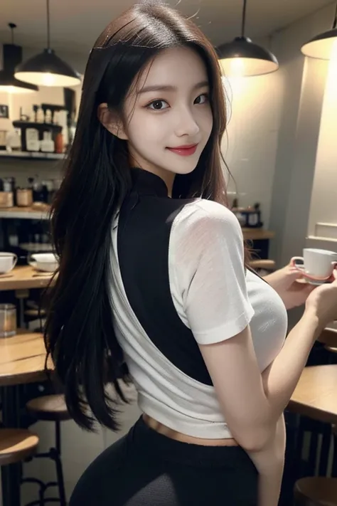 in a charming city，On the bustling streets，There is a girl sitting in a coffee shop，Coffee cup in hand，Face the camera。She is very beautiful，Wear a stylish jacket，Show gentleness and elegance。Exude unique personality charm。 This photo was taken according t...