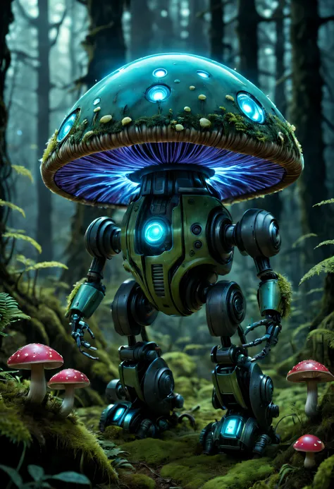 Bioluminescent Mushroom Robot, Detailed robot with glowing mushrooms, vivd colour, Surreal lighting, Super detailed mushroom, realistic robot design, Complex robotic components, Enchanted forest setting, Moss-covered robot limbs, Moss-covered robot appeara...