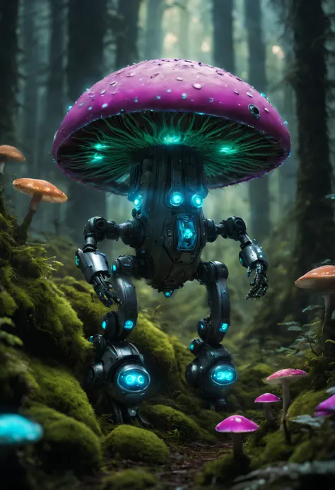 Bioluminescent Mushroom Robot, Detailed robot with glowing mushrooms, vivd colour, Surreal lighting, Super detailed mushroom, realistic robot design, Complex robotic components, Enchanted forest setting, Moss-covered robot limbs, Moss-covered robot appeara...