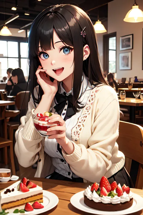 Very cute and beautiful girl sitting on a chair in a cafe restaurant,(very detailed beautiful face and eyes:1.2),(White blouse),
Laugh,(mid-shot:1.3),(Ivory Cardigan:1.2) break dynamic angle,Hair Ornament,Black hair,(Black mini skirt:1.2),
Wooden table,cof...